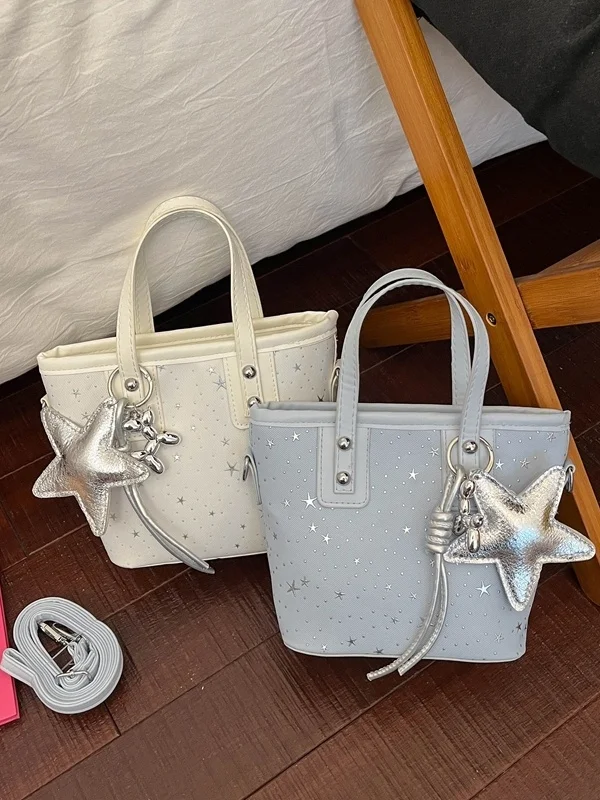 Spring 2026 New Women's Star Collision Color Bucket Bag Fashionable Shoulder Handbag Soft Canvas Geometric Pattern Handbag
