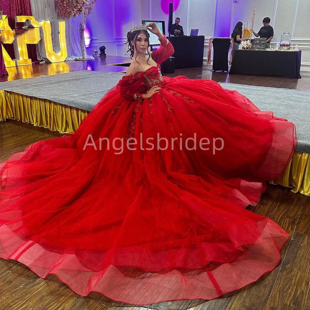 Engels bridep lange Ärmel Ballkleid Quince anera Kleid von der Schulter rot 3d Flora Party Kleider Vestidos 15 Años Quinceañera