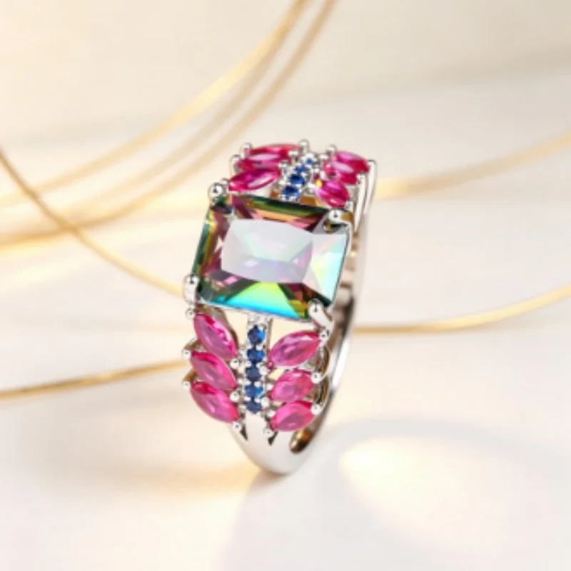 European and American Illusion Color Block Main Stone Ring Heavy Industry Inlaid Horse Eye Color Zirconia Flower Accessories