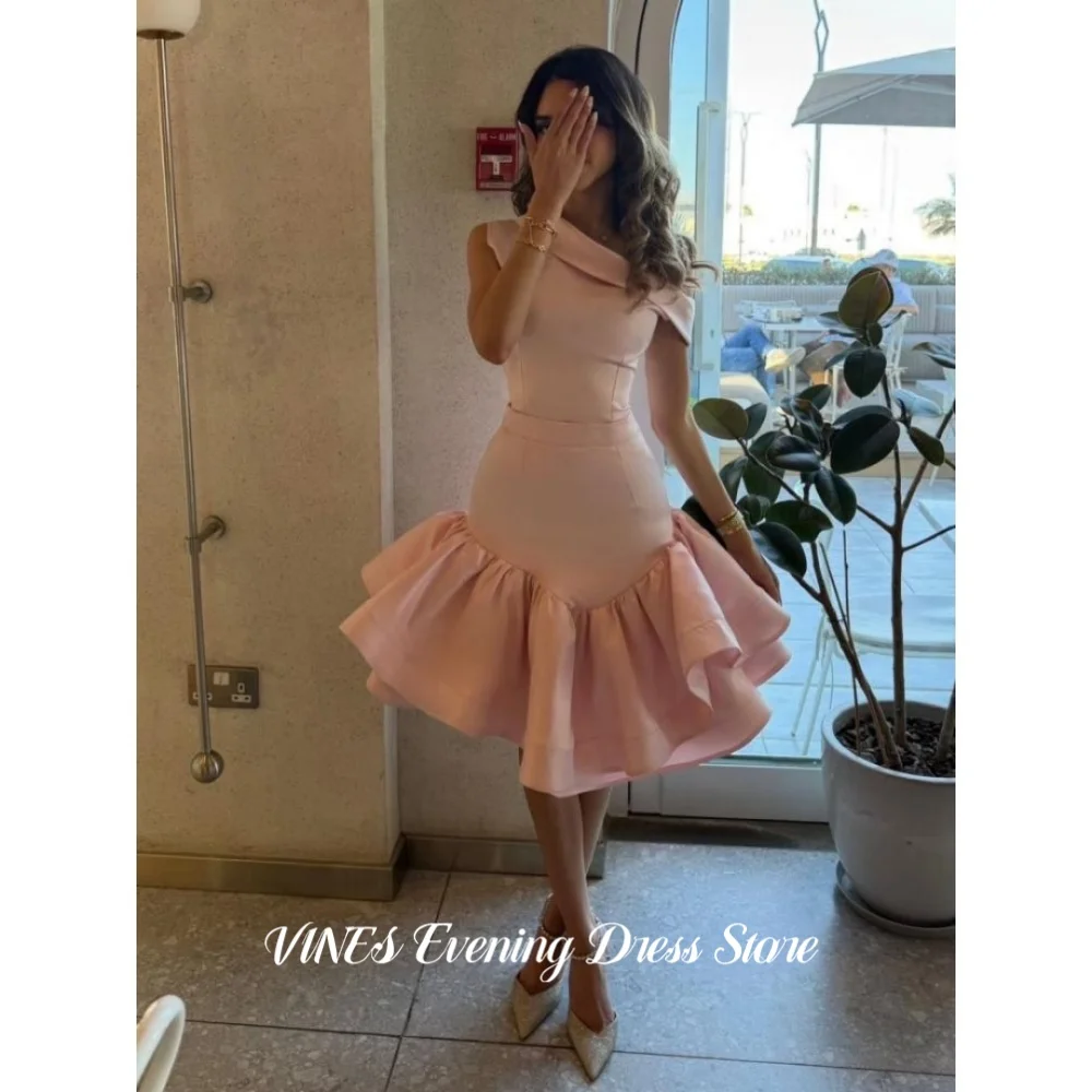 

VINES Pink Asymmetric Neck Prom Dress Ruffled Hem Evening Dress A-Line Mini Party Dress Formal Occasion Gown Colors Customized