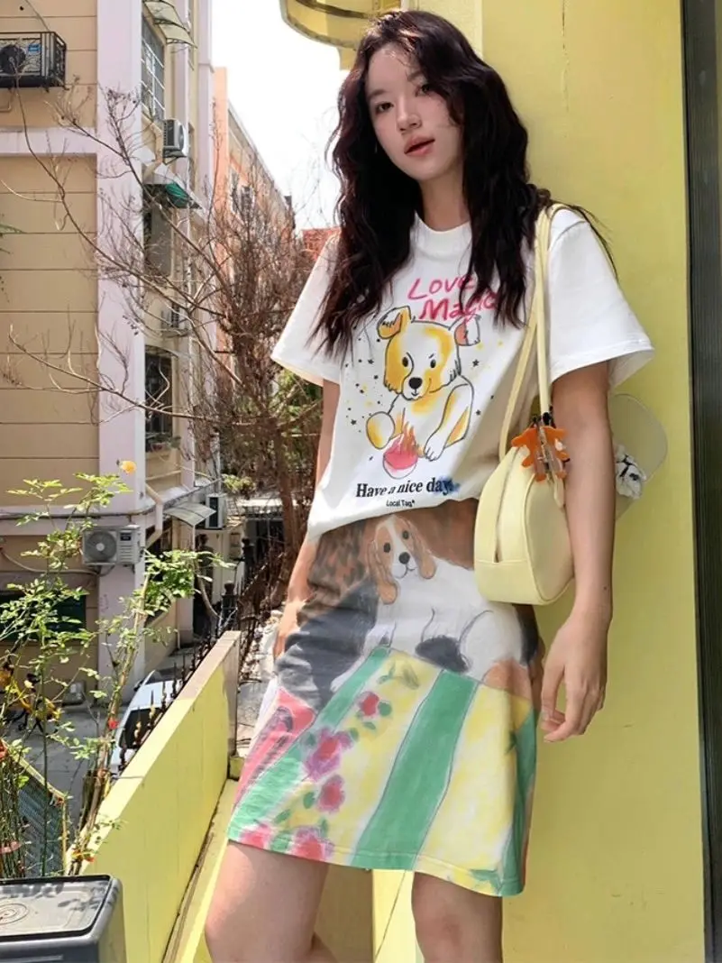 Cute Flower Dog Print Cartoon Graphic High Waist Mini Skirt Women Skirts fairycore 2000s grunge harajuku street vintage fashion