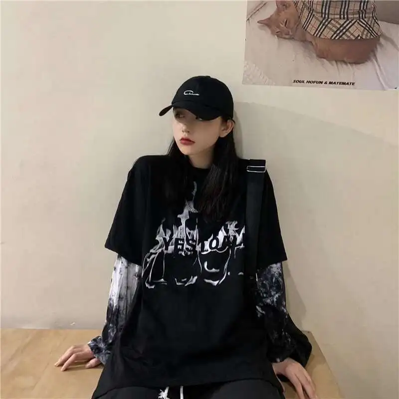 Man Women T-shirt High Street Cool Style Girl Dressing Splicing Fake Two Piece Loose Medium Long Tie Dyeing Long Sleeve T-shirt
