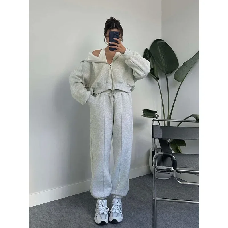 Casual Sets for Women 2 Pieces Long Sleeves Zipper Hooded Cardigan Sweatshirt Suit Fall Winter Solid Sporty Drawstring Pant Sets