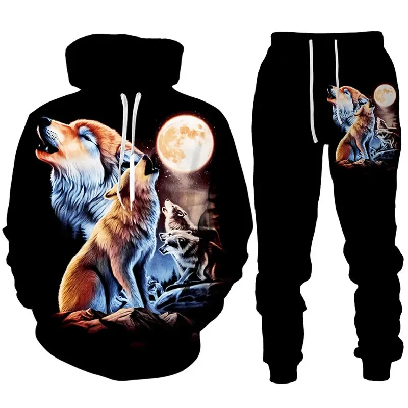 Mempesona Wolf Hoodie Set pria, baju Pullover kasual ukuran besar modis, setelan Hoodie gambar 3D, celana Hoodie olahraga