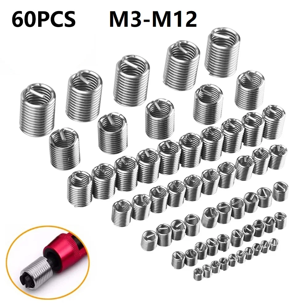 60 قطعة M3-M12 304 سلك الموضوع إدراج طقم تصليح المسمار ملفوف سلك حلزوني الخيوط إدراج مجموعة أدوات إصلاح موضوع Helicoil