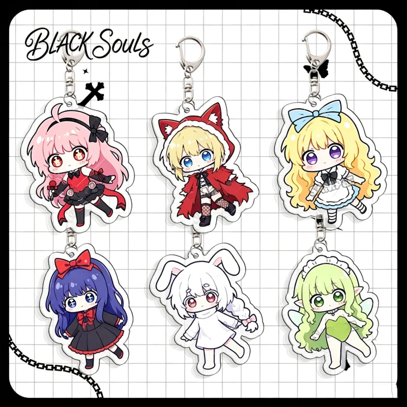 Game Black Souls Node Red Hood Alice Cosplay Keychain Kawaii Acrylic Pendant Keyring Key Chain 1Set Bag Accessory Ornament Prop