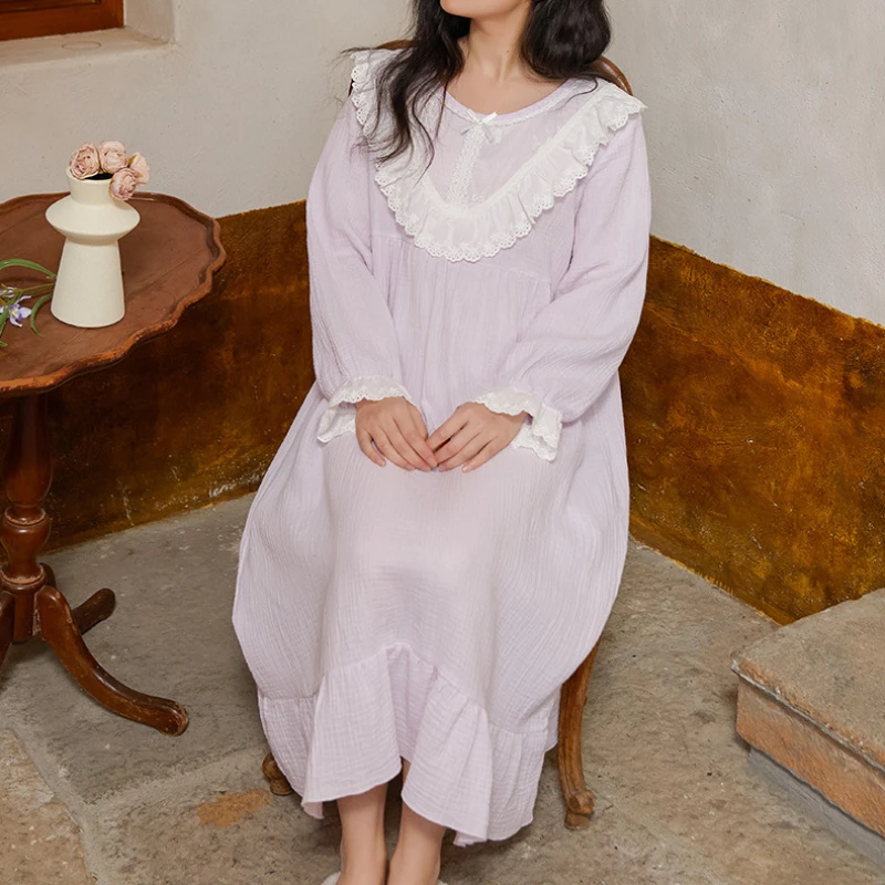 Spring Vintage Pure Cotton Nightdress Princess Sleepwear Nightwear Women Sweet Round Neck Full Sleeve Night Dress Long Nightgown