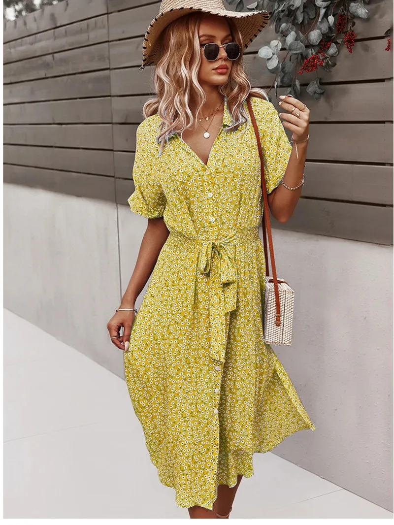 Abito da donna con stampa floreale Abito casual a maniche corte con bottoni Abiti longuette da vacanza con scollo a V femminile Abito Boho Chic da spiaggia Abito elegante ZPFQ