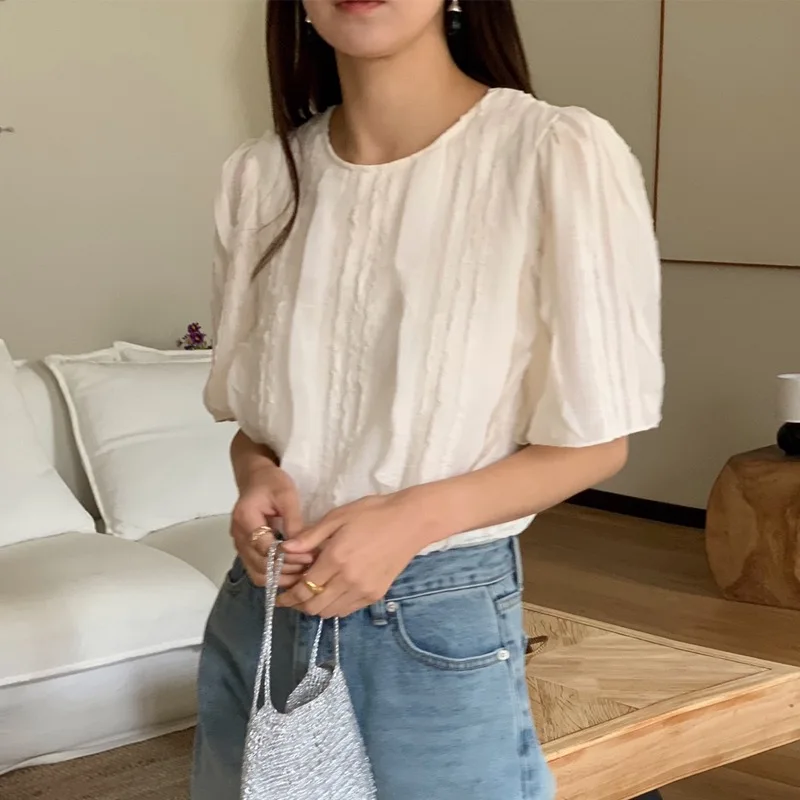 

Loose Shirt Korean Style Pleated Design Wooden Ear Lace up Shirt Elegant Atmosphere Casual Fashion Women's Short Sleeve Top