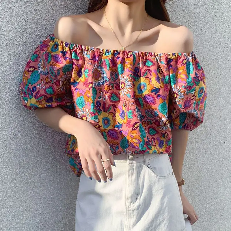 Retro Printed One-length Short-sleeved Shirt for Women in Summer 2025 New Korean Loose Top