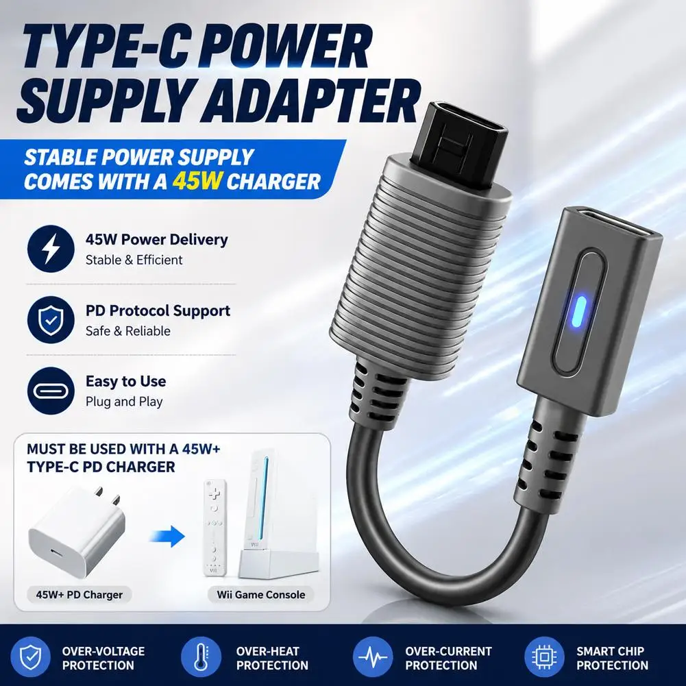 Cable USB C de 45W PD para Control de Wii, Cable Adaptador de Carga con LED para Consola Wii, Cable de Alimentación