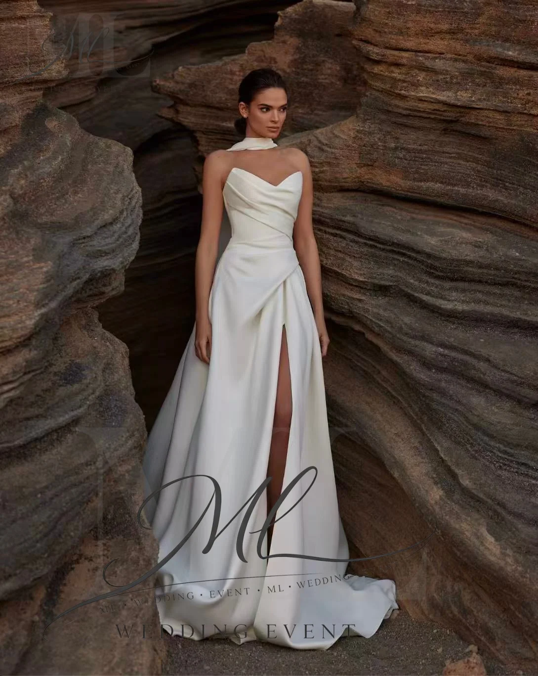 ML Elegant Wedding Dresses Sleeveless Scarf Ivory Satin A-Line Side High Slit Bridal Gown Rode De Morrie Customized New 2026