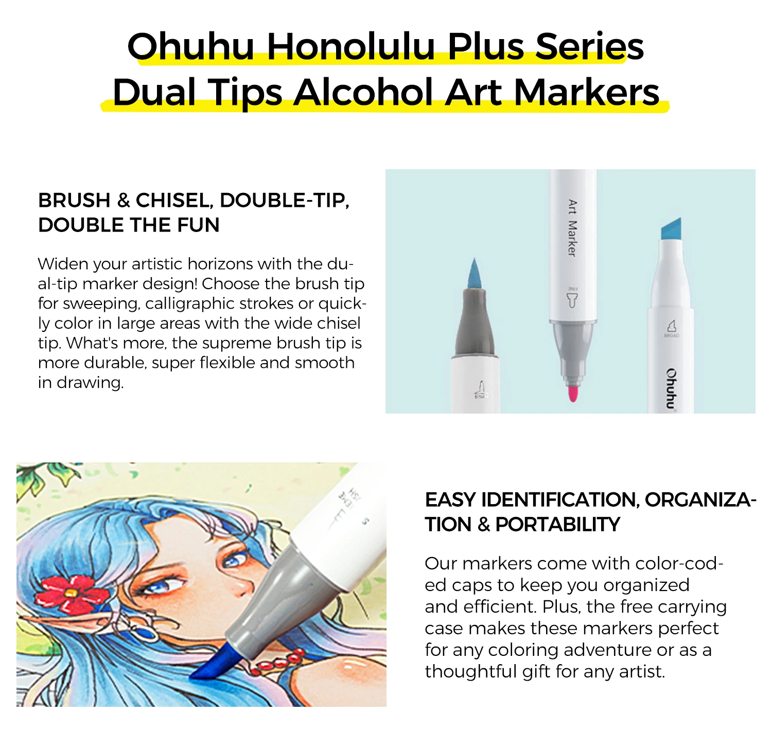 Ohuhu Honolulu Plus 24 Colors Alcohol Markers Double Tipped Art Marker Set Refillable Marker Pen Coloring Illustrations Drawing