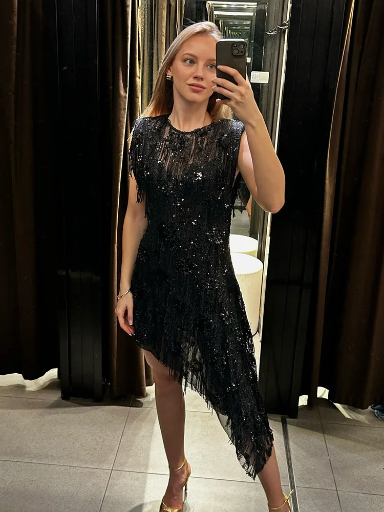 

HH 2026 Woman Fashion Party Dress Women Sequin Tassel Decoration Mini Dress Sexy Sleeveless Asymmetrical Hollow Slim Dress Mujer