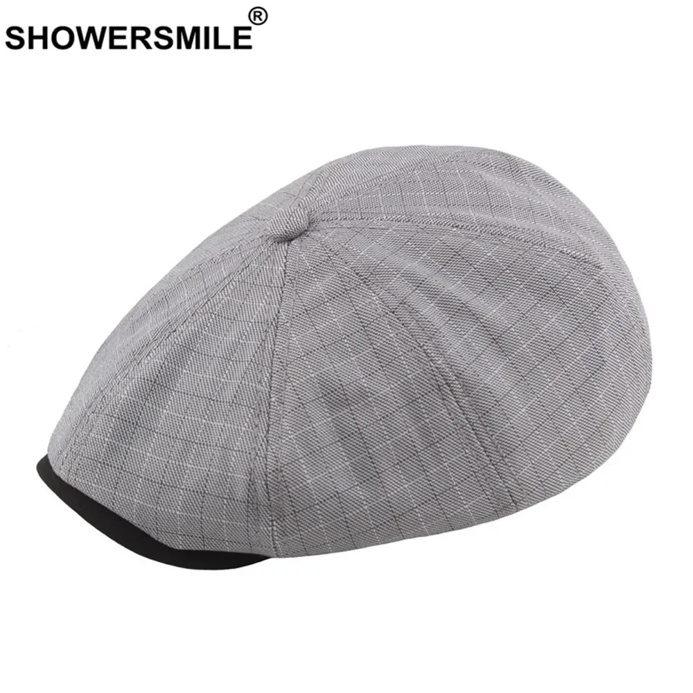 

SHOWERSMILE Gray Beret Men Spring Summer Newsboy Cap Men Plaid Flat Cap Casual Cotton Eight Piece Cap Patchwork Brand Ivy