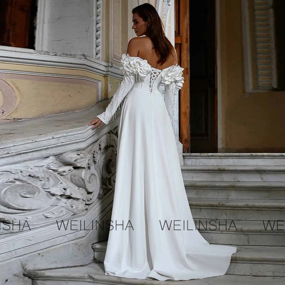 Traditional Wedding Dresses Crepe A-line Wedding Party Dresses White Off-the-shoulder Applique Beading Side Split Wedding Dress