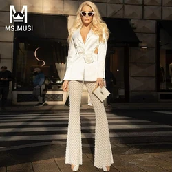 MSMUSI 2024 New Fashion Sexy Floral Pearl Lace Mesh Two Piece Set Turn Down Collar Long Sleeve Blazer Top Long Pant Set Suit