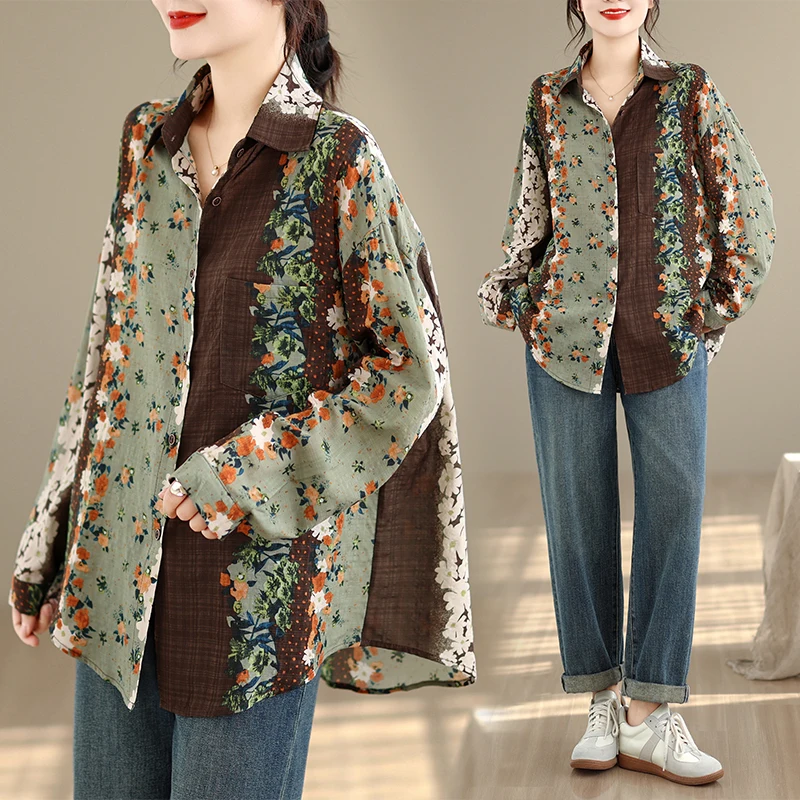 

Spring Autumn Cotton Linen Long Sve Women's irt Floral Print Luxury Feel Outerwear Artistic Sle Regular Fit Button up