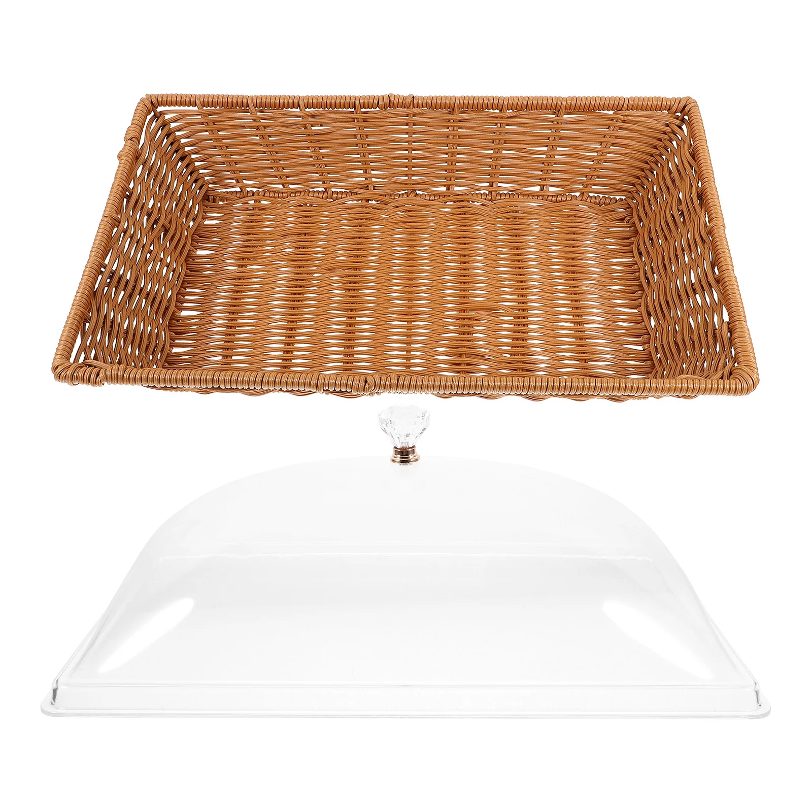 1 Juego de cesta de almacenamiento de alimentos con tapa transparente, bandeja tejida para servir pan, frutas, verduras, cocina, despensa, organización de mesa