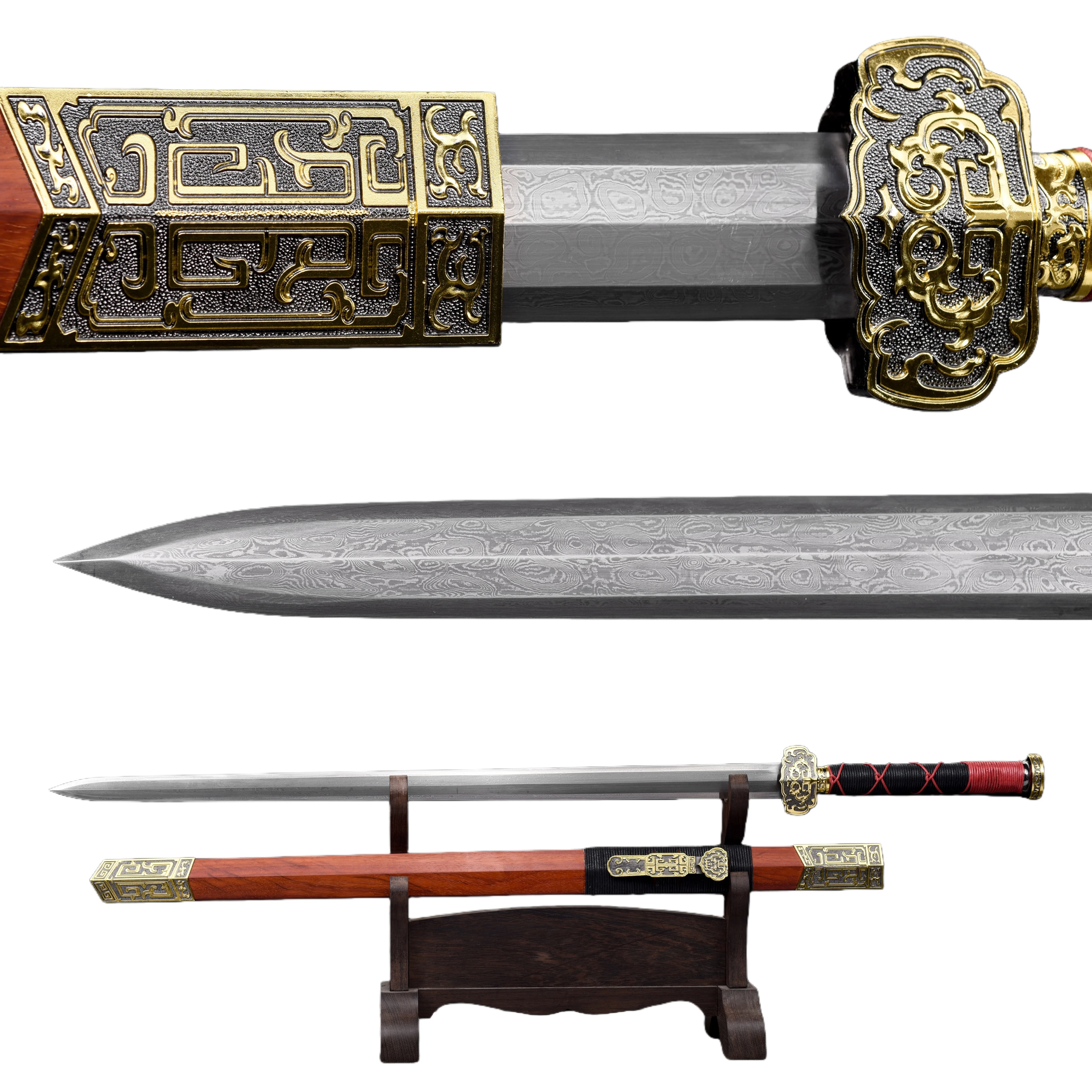 108cm medieval Chinese Lingyun sword made of Damascus steel, a very sharp samurai sword, with a redwood scabbard, knight katana