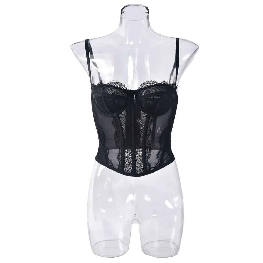 Camisole en dentelle creuse Style fille épicée, haut court Transparent, coupe cintrée, Streetwear, sans manches, Corset en dentelle, voyage