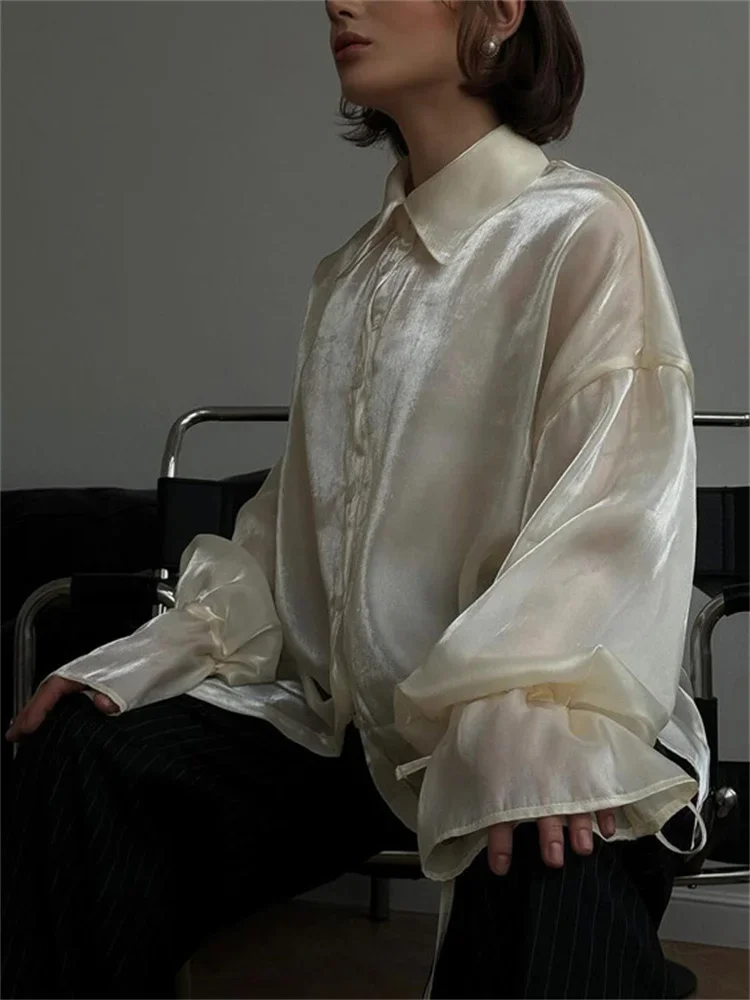 Casual Loose See-Through Shirts Coat Female Lapel Long Sleeve Lace-Up  Summer Outwear Women's Solid Patchwork Blouse