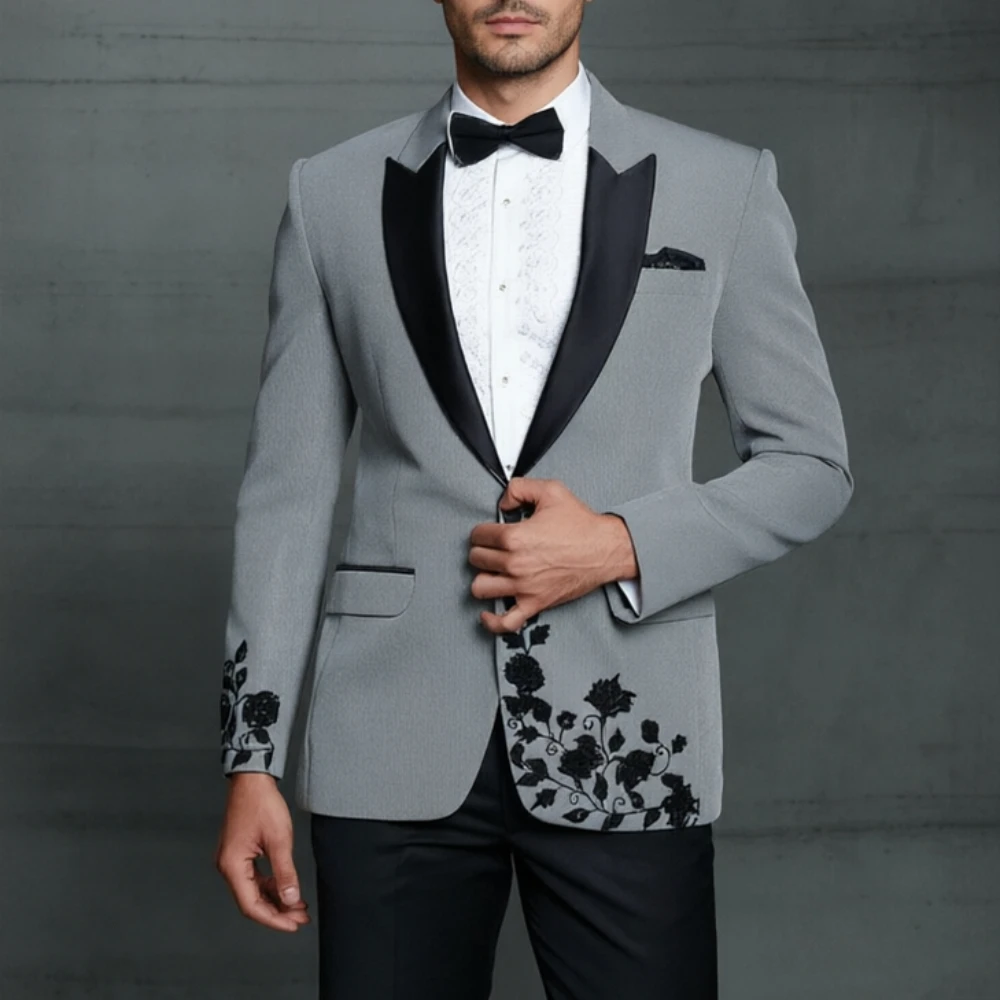 

Мужской костюм с бисерной вышивкой, винтажный смокинг с цветочным узором, однобортный пиджак для жениха, шафера, выпускного вечера, вечеринки, с брюками, приталенный крой