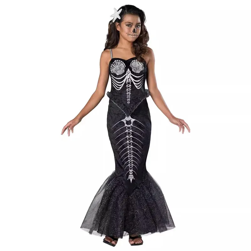 Kids Halloween Skeleton Mermaid Costume Black Princess Fishtail Dress Scary Zombie Queen Outfits