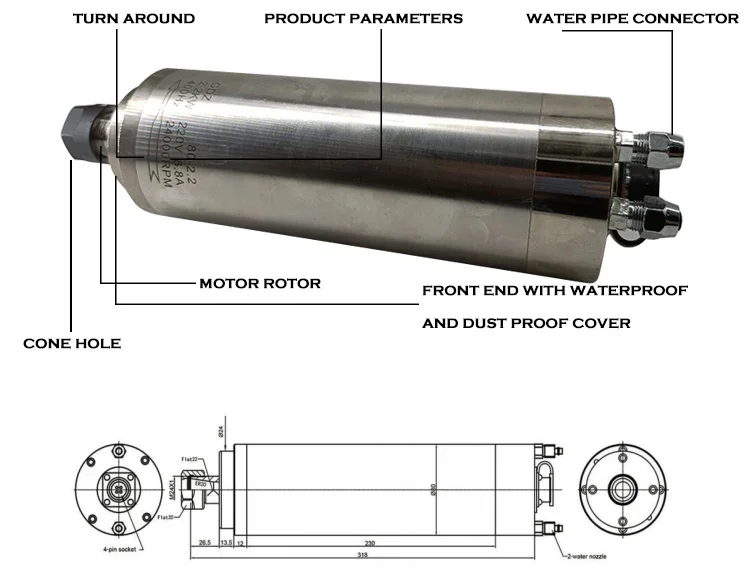 Milling Machine 4.5KW High Power Water Cooled 400Hz High Speed 380V  Water Cooled Spindle Motor for CNC Machine