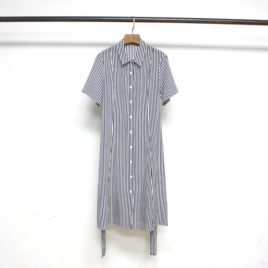 

Women's Stripes Shirt Dress Turn-down Collar Single-breasted Short Sleeve Lady Waist Lace-up Short Dresses