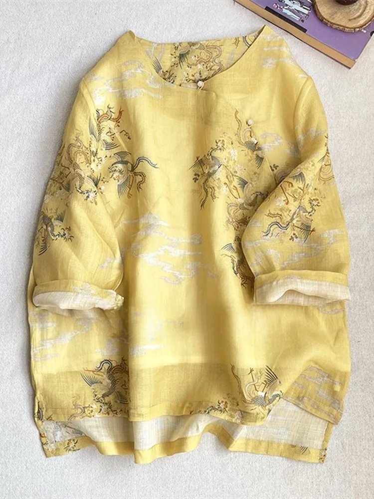 

Новая женская хлопково-льняная рубашка в этническом стиле, летняя, в стиле ретро, художественная, для чаепития, с круглым вырезом, свободного кроя, с принтом