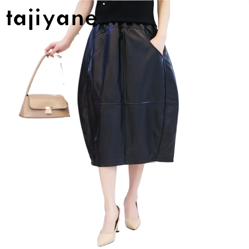 TAJIYANE Genuine Sheepskin Leather Skirt Midi Skirt Chic O‑Shape Skirts 2026 Woman Slim Fit Women's Skirts with Pockets Black 치마