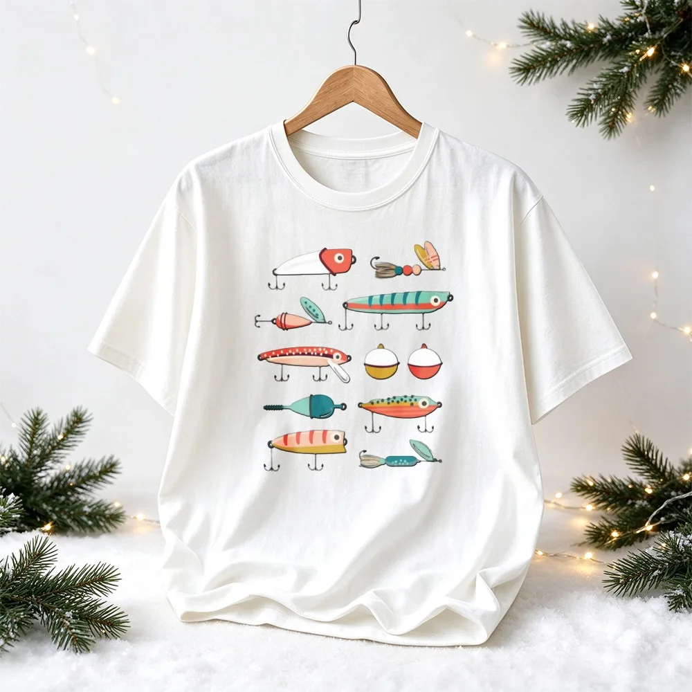 Men Funny Colorful Fishing Lures Bait Printed T-Shirt 100% Pure Cotton Short Sleeve Casual Tee Gifts for Dad Angler Xmas Holiday