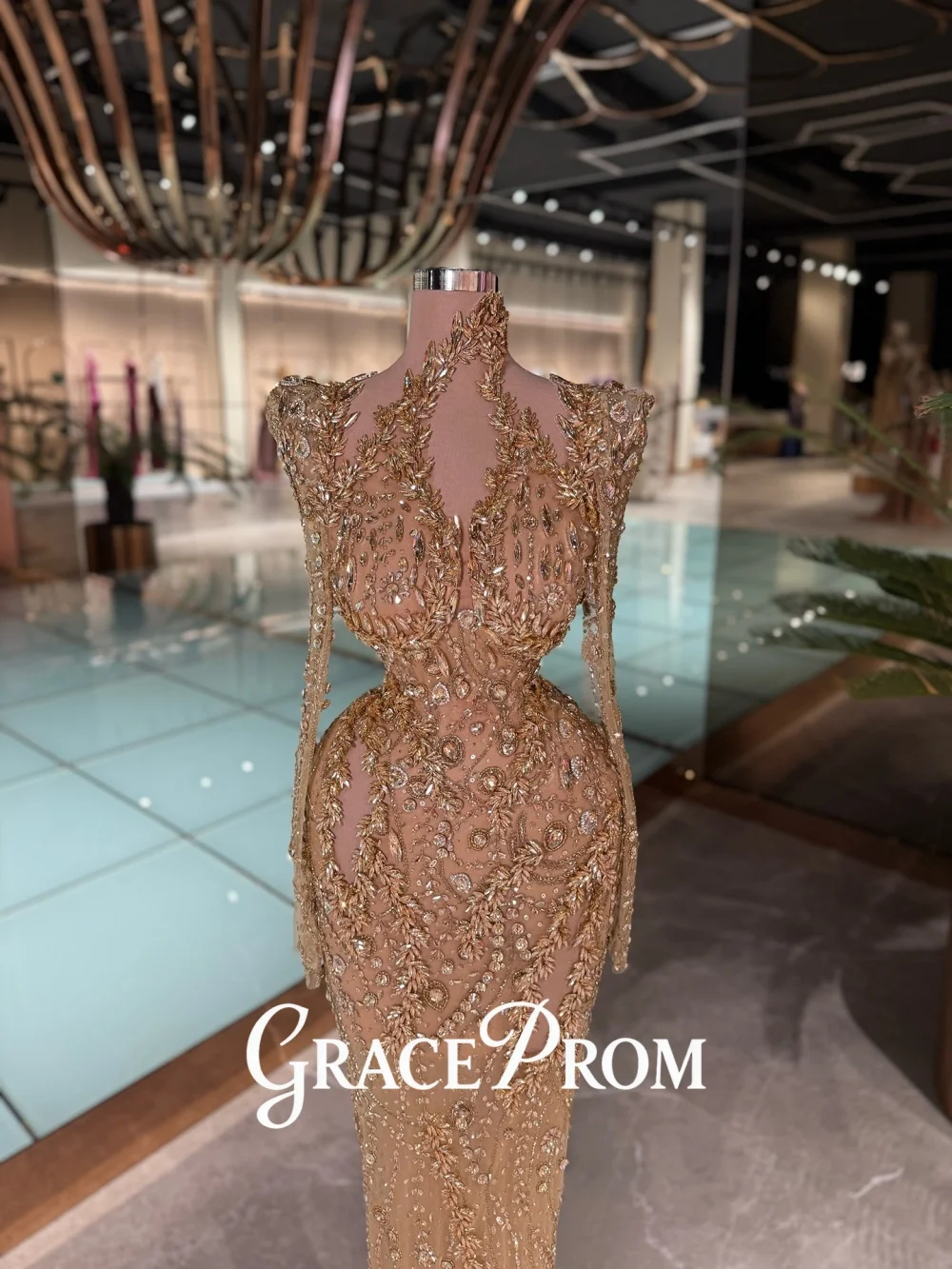 

GraceProm Opulent Gold Evening Dress 2026 Beaded Carpet Gown Majestic A-Line Floor-Length Party Gown فساتين سهرة