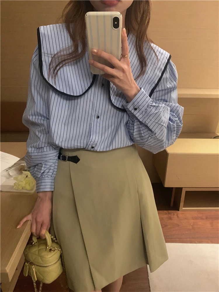 Colorfaith BL10096 New 2024 Striped Oversized Turn-down Collar Chic Korean Fashionable Women Spring Summer Blouses Shirts Tops