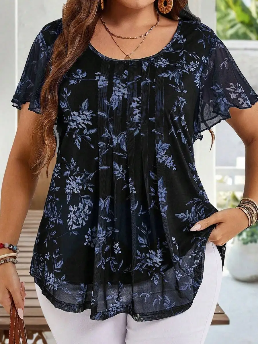 

Plus Size Women's Loose Floral Print Short Sleeve Tunic Blouse for Summer Casual Wear