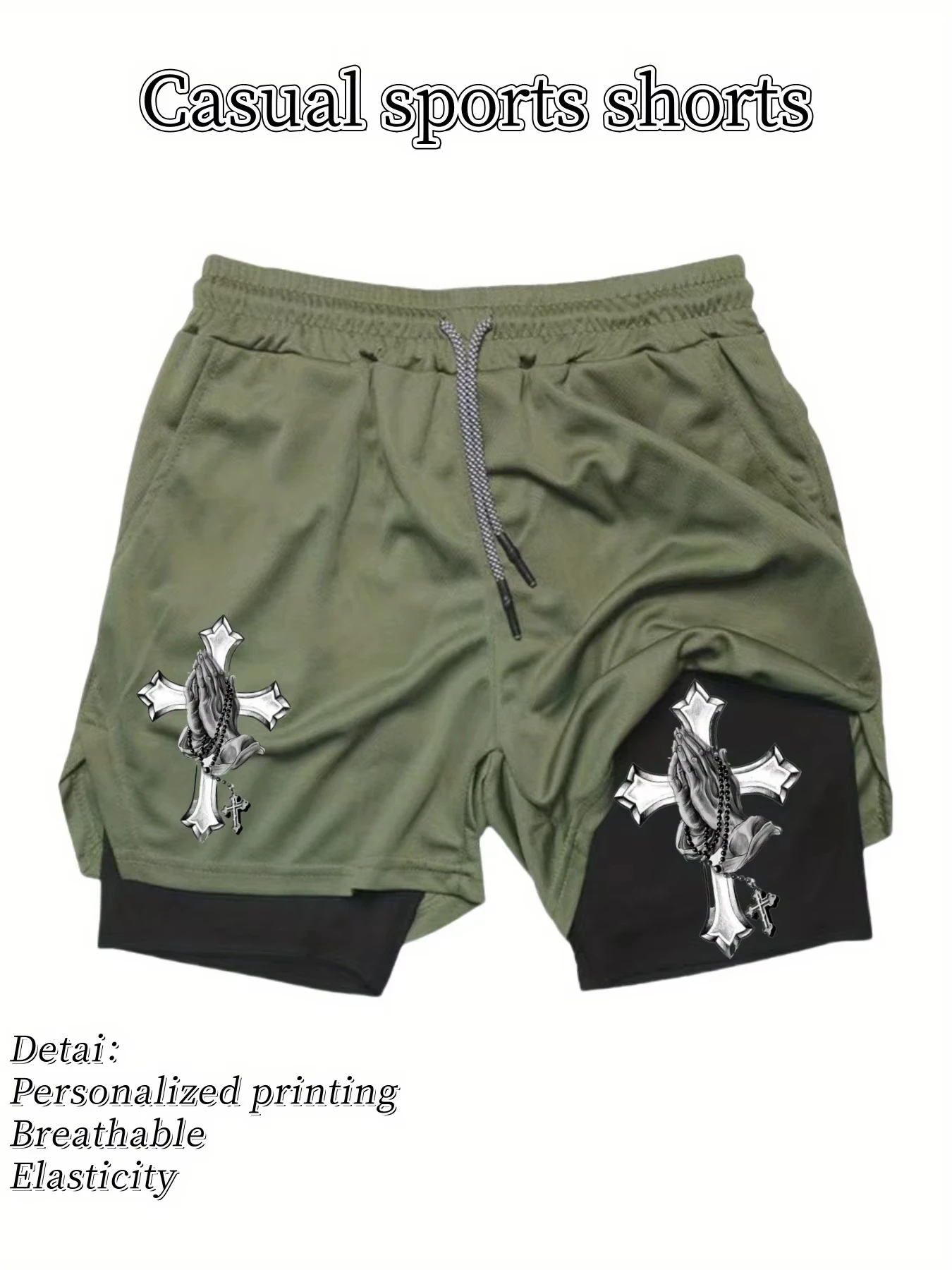2025 fast drying double-layer sports shorts breathable summer men's modern lightweight running with Jesus print design