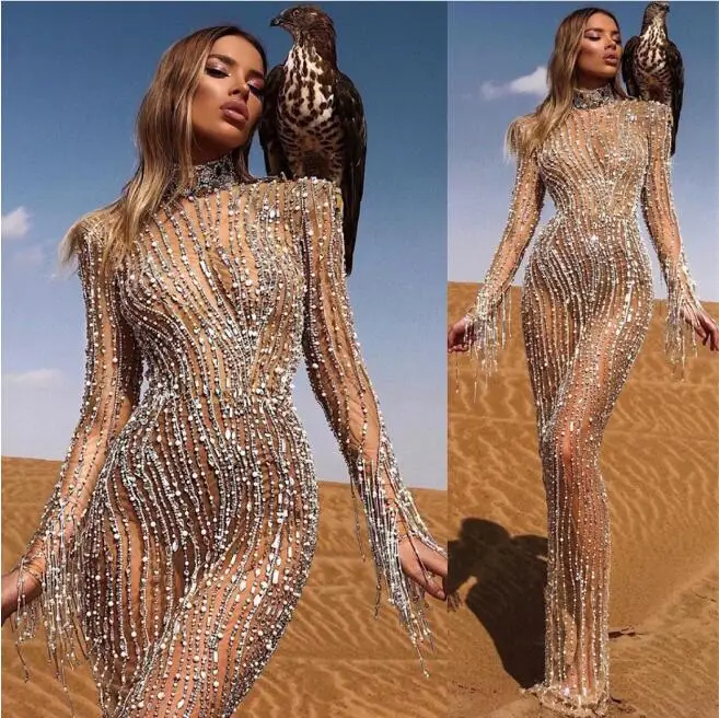 Sparkly Rhinestones Evening Wear Transparent Fringes Sleeves Dress Birthday Celebrate Sexy See Through Stage Costume qingliu