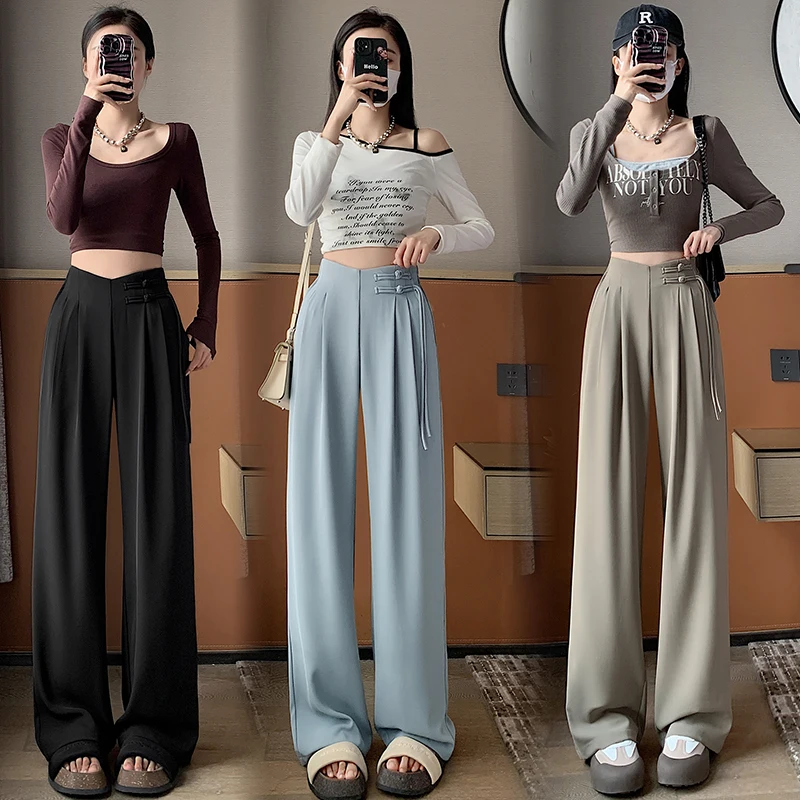 High Waist Buttons Suit Wide Leg Women's Full Pants 2024 New Spring Summer Female Elegant Minimalism Straight Loose Trousers