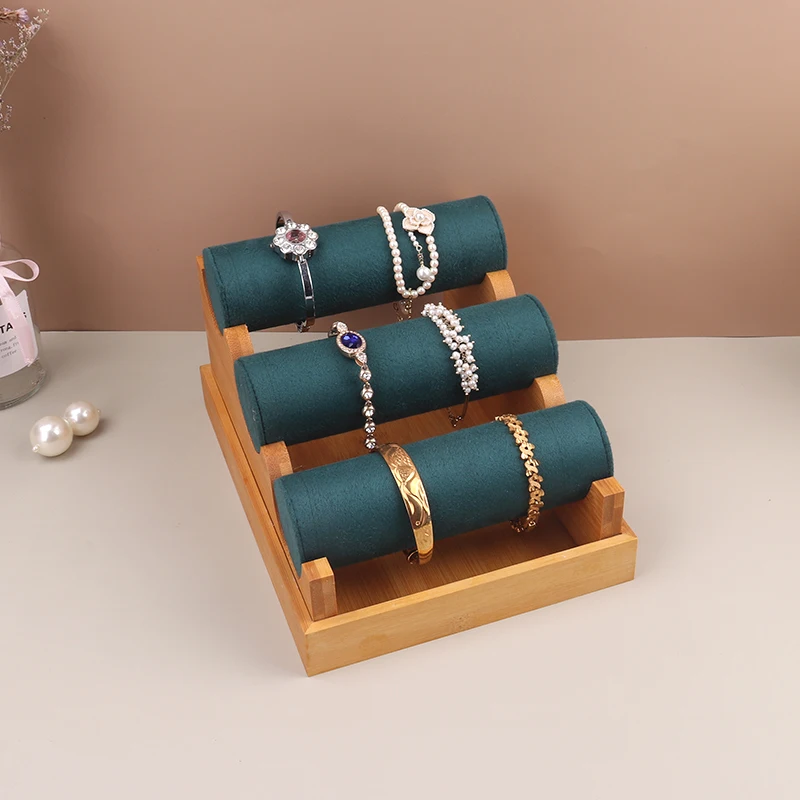 Green Solid Wood High-grade Three Layer Detachable Velvet Bracelet Rack Headband Jewelry Display Rack