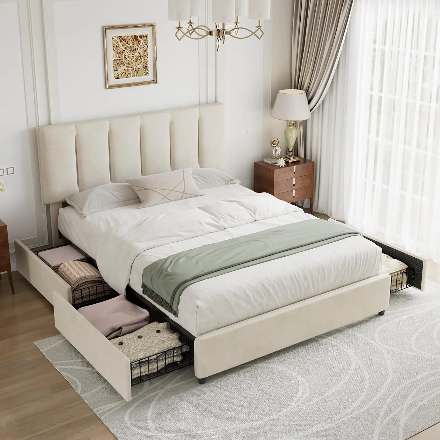 Full Size Bed Frame with 4 Storage Drawers, Adjustable Height Headboard, Heavy-Duty Platform Bedframe with Strong, Customized