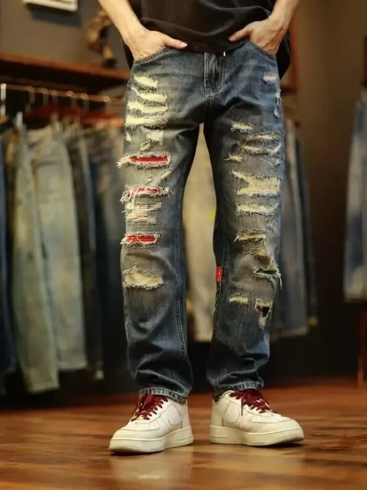 

Модные брендовые весенне-осенние свободные прямые мужские джинсы High Street Sle, износостойкие длинные брюки с пэчворком и дыркой