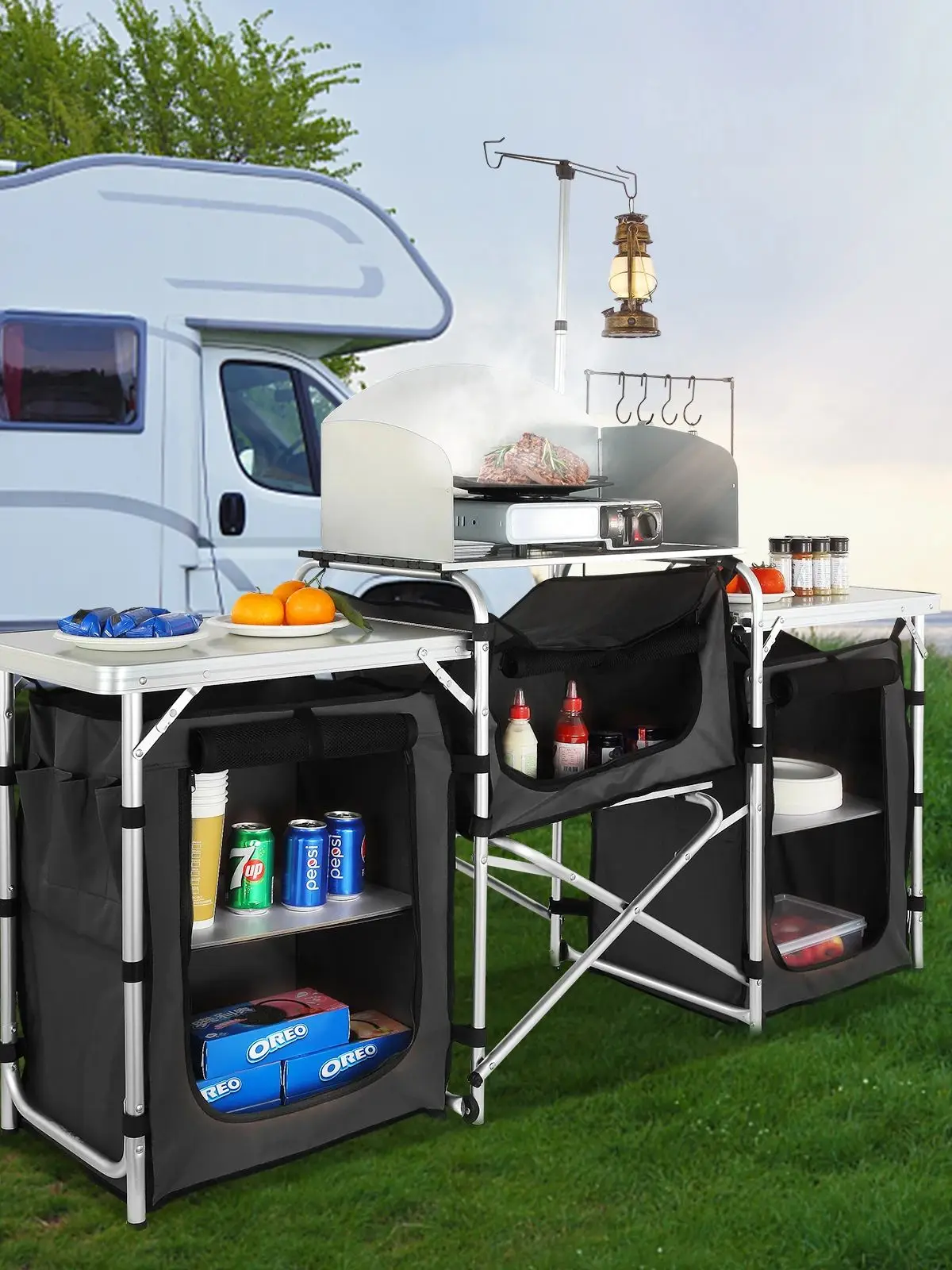 SucceBuy Camping Outdoor Keukentafel Kast Opvouwbaar Opvouwbaar Koken Opbergrek Beugel van aluminiumlegering voor BBQ-picknick - afbeelding 2