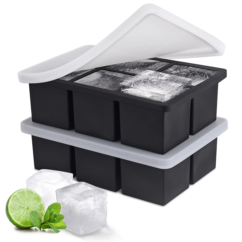 Large Ice Cube Moulds Easy Release Silicone Ice Cube Tray with Lid Stackable Square Ice Tray for Cocktails Whiskey Juice Coffee