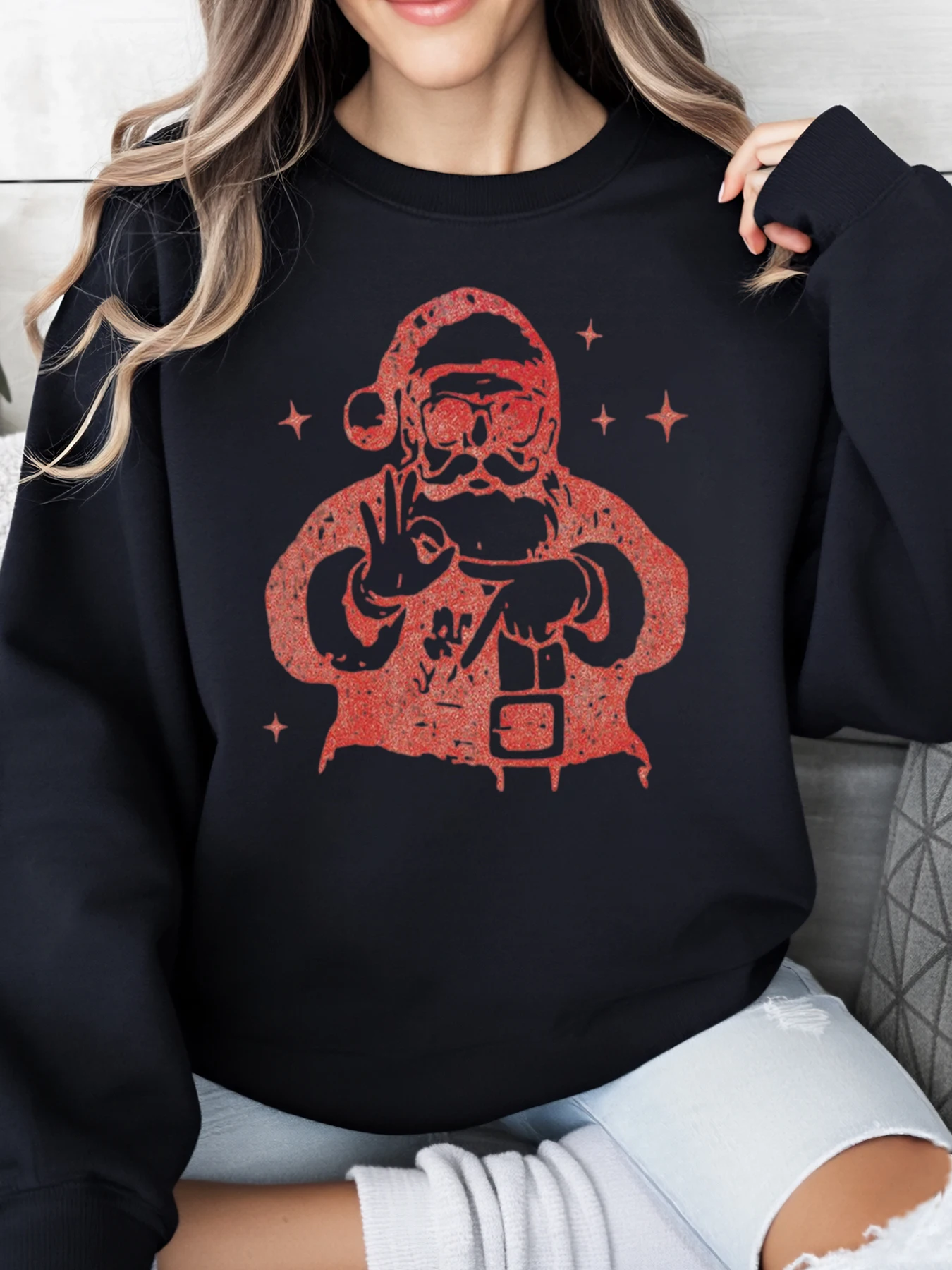 

Santa Claus with Ski Goggles Print Christmas Sweatshirt Women Casual Winter Holiday Wear Black Plus-Size
