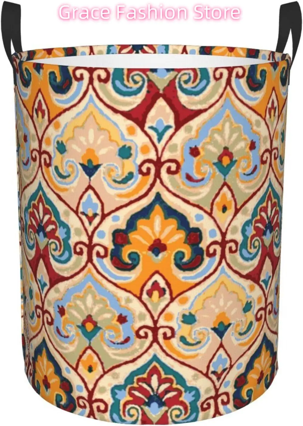 

Laundry Basket,Ajrakh Pattern Bathroom Organizer Basket Waterproof Foldable Cloth Hamper with Lining for Home Storage