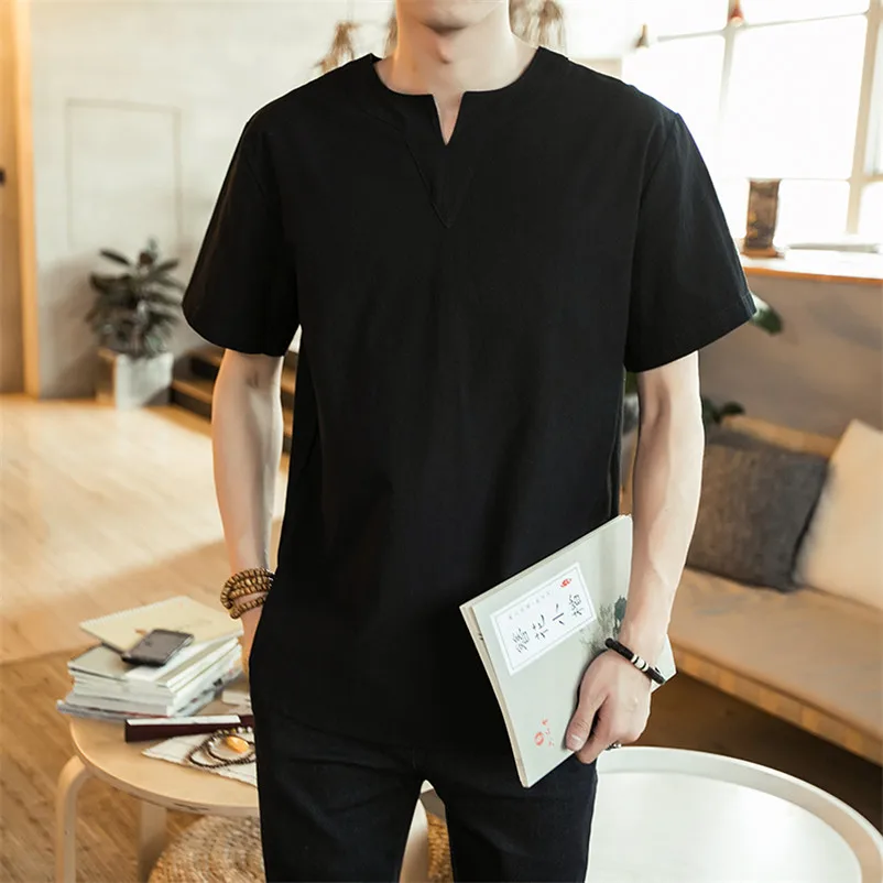 Men Large Size Cotton Linen Shirts Short Sleeve V-Neck Solid T-Shirts High Street Fashion Tee Tops Streetwear Shirt M-7XL 8XL