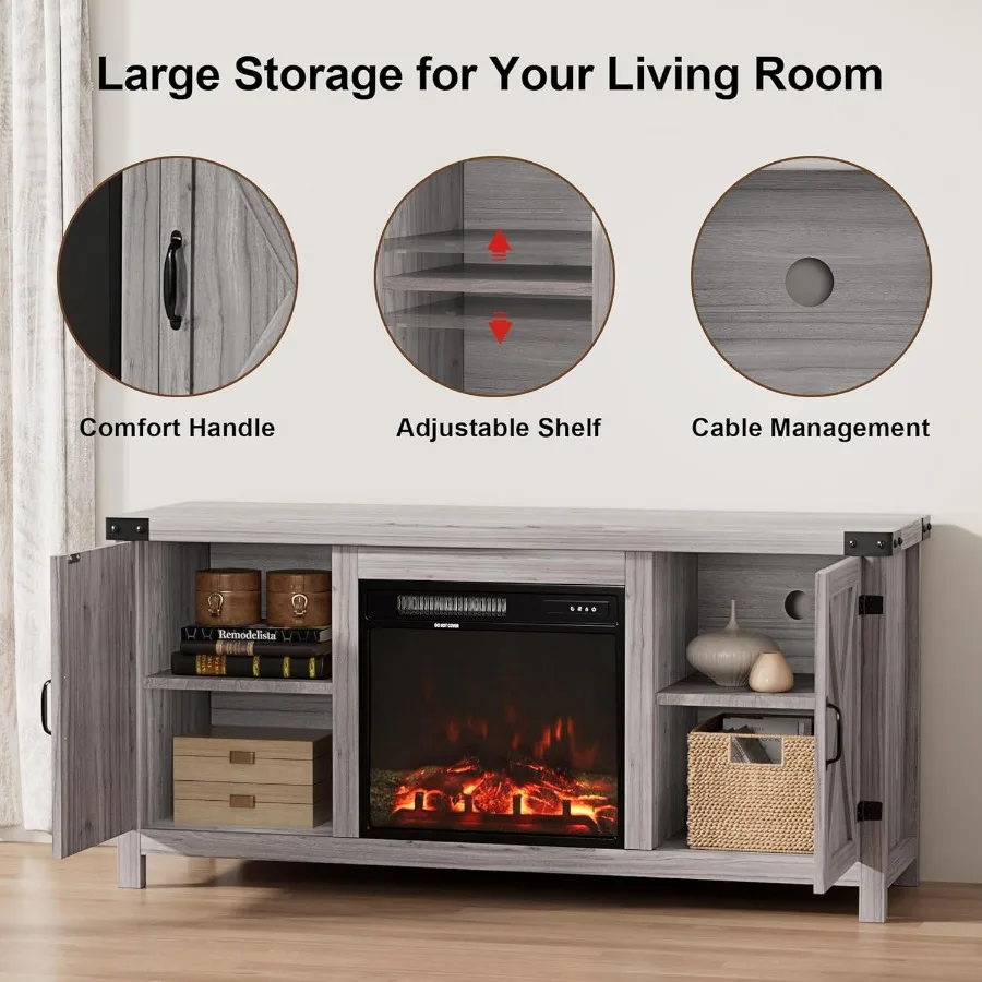 حامل تلفزيون مدفأة من Furmax لأجهزة التلفاز حتى 65 بوصة، مركز ترفيه المزرعة مع أبواب الحظيرة المخددة، وحدة تحكم الوسائط الريفية T #4