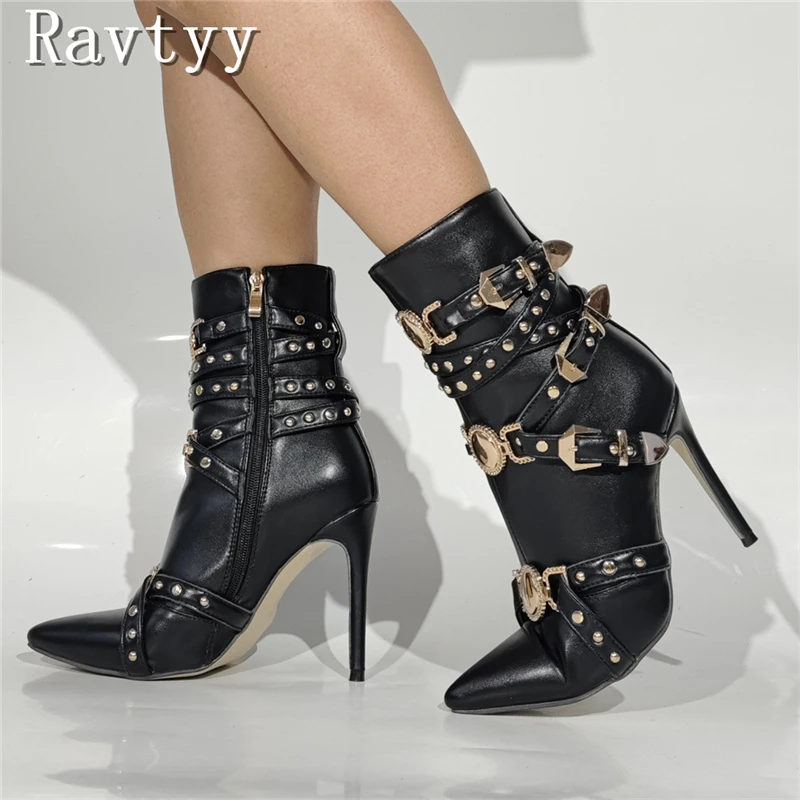 

Black Metal Buckle Women Ankle Boots Designer New Pointed Toe Thin High Heel Boots Punk Style Runway Shoes
