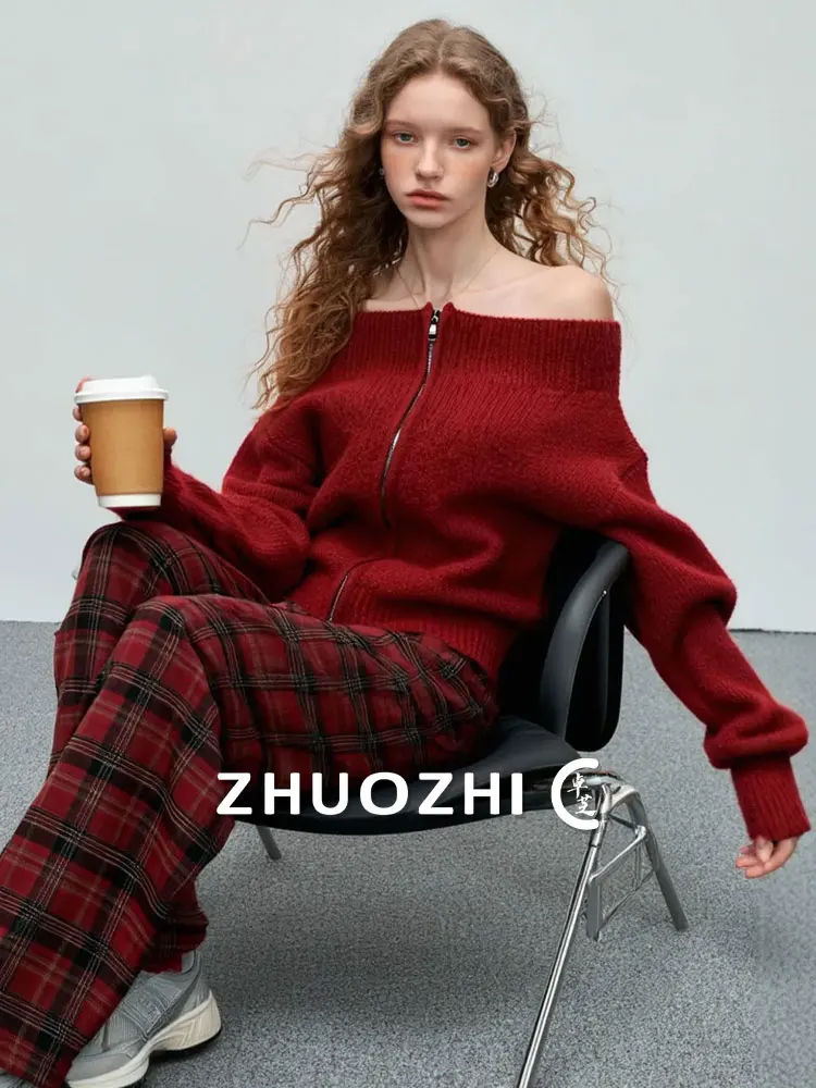 

ZhuoZhi Faion Double Zipper Knitted Sweater oulder Bared One-oulder Spring New Year Sle Soft French Sle Loose Fit